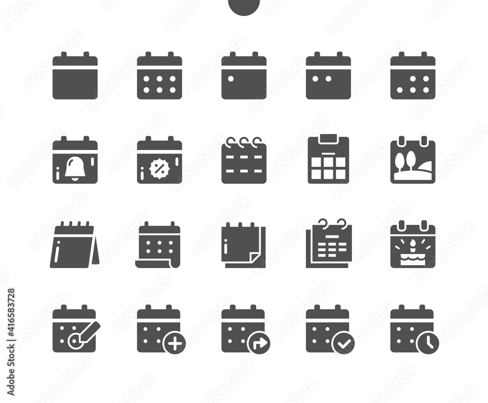 Calendar. Today, tomorrow, previous. Mark the date, holiday, important day. Planner diary. Add, share, and correct calendar. Vector Solid Icons. Simple Pictogram