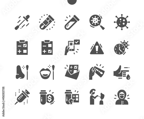 Covid Test. COVID-19 Nasal swab laboratory test. Negative and positive test result by using rapid test device for corona virus. Vector Solid Icons. Simple Pictogram