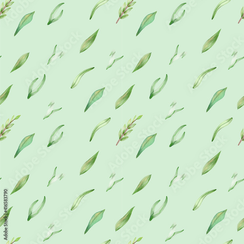  Hand drawn watercolor spring young Green floral grass leaf seamless pattern with leaf background design. Nature in cartoon cute style.