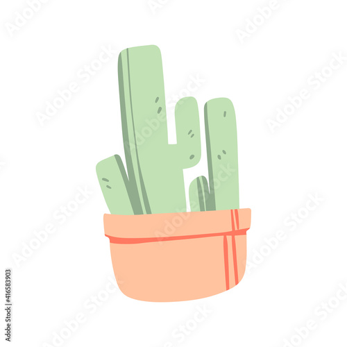 Single home cactus vector flat style. Saguaro Cactus isolated on white background. Indoor cactus plant in a ceramic pot pastel colors illustration. Desert Cacti office home decor sticker