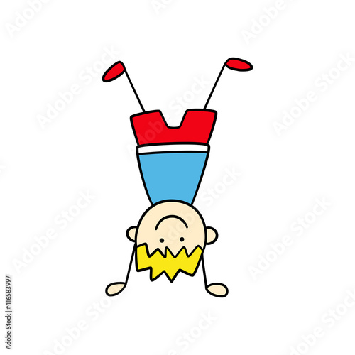 Funny little boy is standing upside down. Cute kid drawing. Hand drawn vector illustration in doodle style on white background