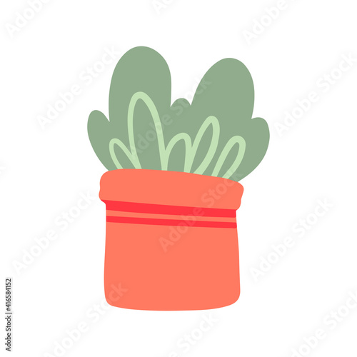 Lush green houseplant vector flat style. Indoor plant in an orange flowerpot clipart. Potted plant balcony garden design element isolated on white background.