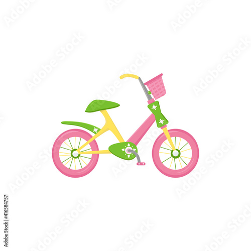 two-wheeled bicycle with a basket for a teenager. Bright colors for the girl. Isolated on a white background. Vector illustration, flat. © Mizurova