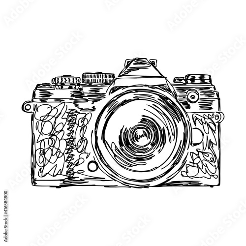 Illustration of camera in sketch style camera, vector sketch on a white background