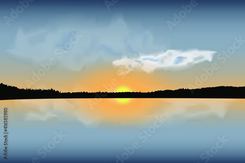 Colorful sunset over the water. Silhouettes of the forest. Vector clouds
