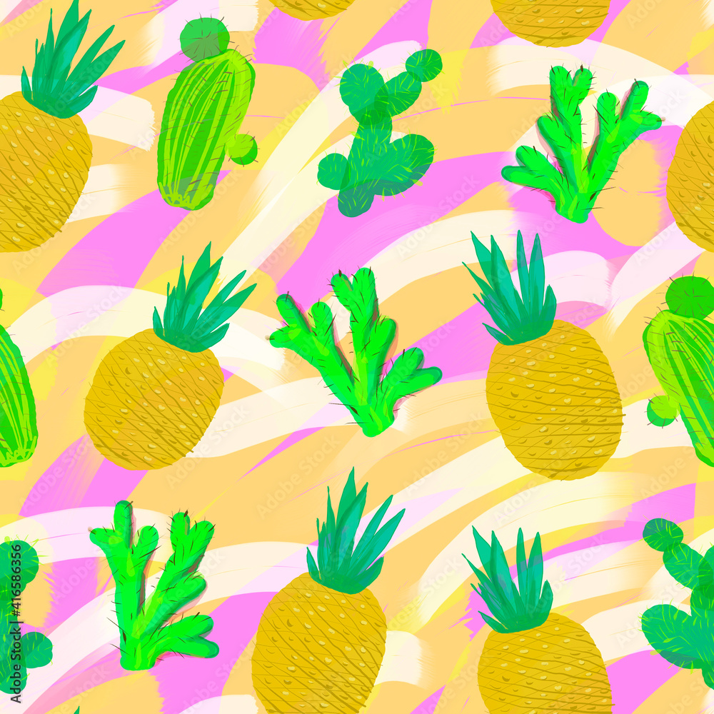 Hand drawn pineapple and cactus pattern abstract, summer backdrop Hand drawn pineapple and cactus pattern abstract, summer backdrop
