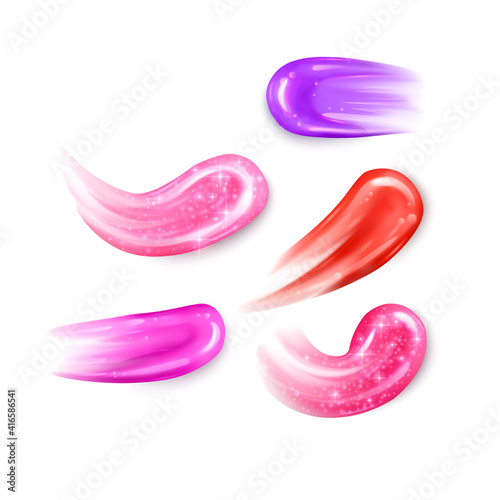 Illustration of a collection of strokes of liquid lipsticks, pink liquid lipstick on white background. Elements of the design of advertising posters, leaflets for the promotion of decorative cosmetics