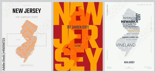 3 of 50 sets, US State Posters with name and Information in 3 Design Styles, Detailed vector art print New Jersey map