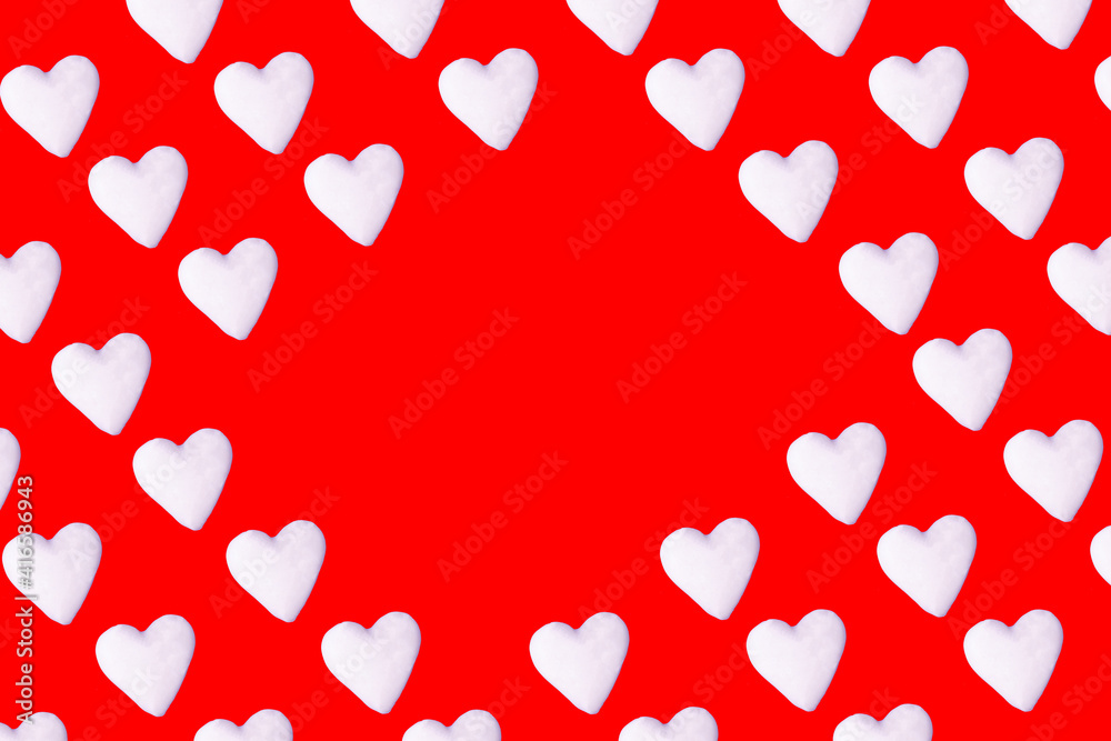 Colorful red background with white hearts pattern with copy space. Minimal love art design.