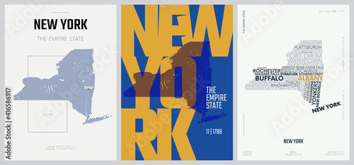 11 of 50 sets, US State Posters with name and Information in 3 Design Styles, Detailed vector art print New York map