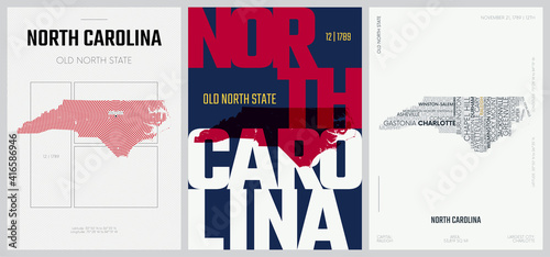 12 of 50 sets, US State Posters with name and Information in 3 Design Styles, Detailed vector art print North Carolina map