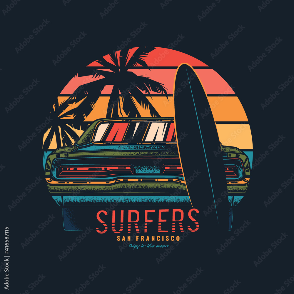 Original vector illustration in vintage style. Vintage car with a surfboard by the sea.