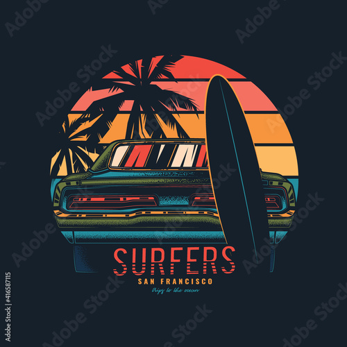 Original vector illustration in vintage style. Vintage car with a surfboard by the sea.