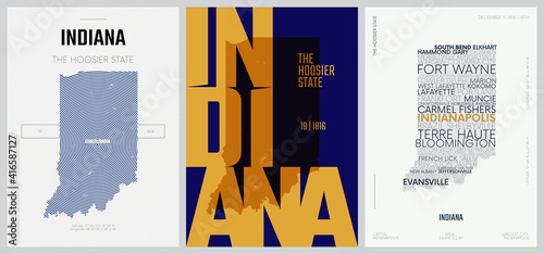 19 of 50 sets, US State Posters with name and Information in 3 Design Styles, Detailed vector art print Indiana map