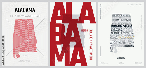 22 of 50 sets, US State Posters with name and Information in 3 Design Styles, Detailed vector art print Alabama map