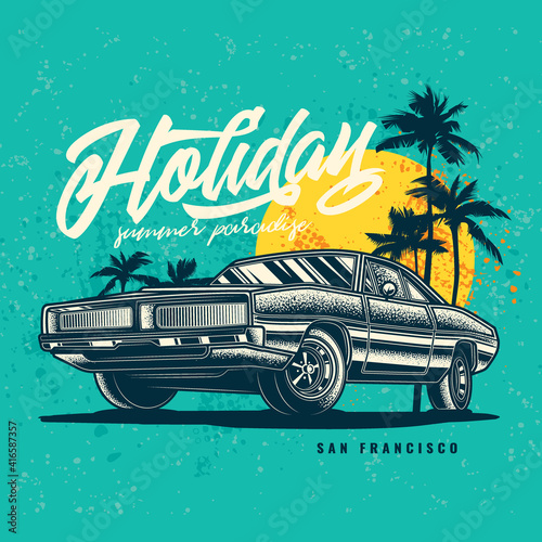 Original vector illustration in vintage style. Vintage car on the background of palm trees and the sun.