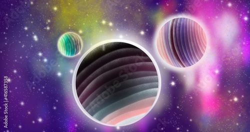 illustration of three planets in space. bright colors of space. starry space