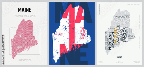 23 of 50 sets, US State Posters with name and Information in 3 Design Styles, Detailed vector art print Maine map