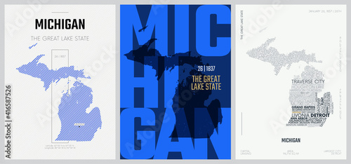 26 of 50 sets, US State Posters with name and Information in 3 Design Styles, Detailed vector art print Michigan map