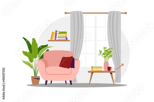 Interior of the living room with furniture. Modern armchair with mini table. Flat cartoon style. Vector illustration.