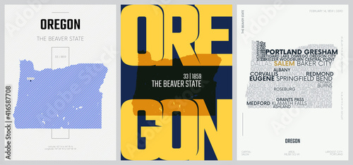 33 of 50 sets, US State Posters with name and Information in 3 Design Styles, Detailed vector art print Oregon map
