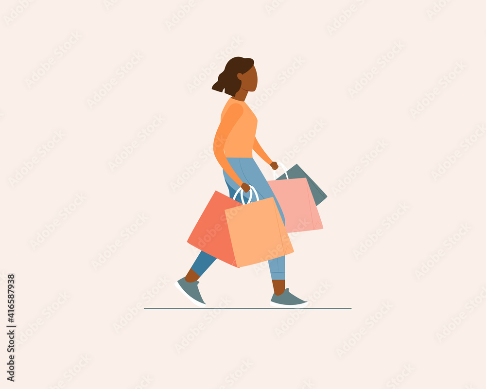 Young black skin woman with shopping bags. Modern colorful vector illustration in cartoon flat style Young black skin woman with shopping bags. Modern colorful vector illustration in cartoon flat style