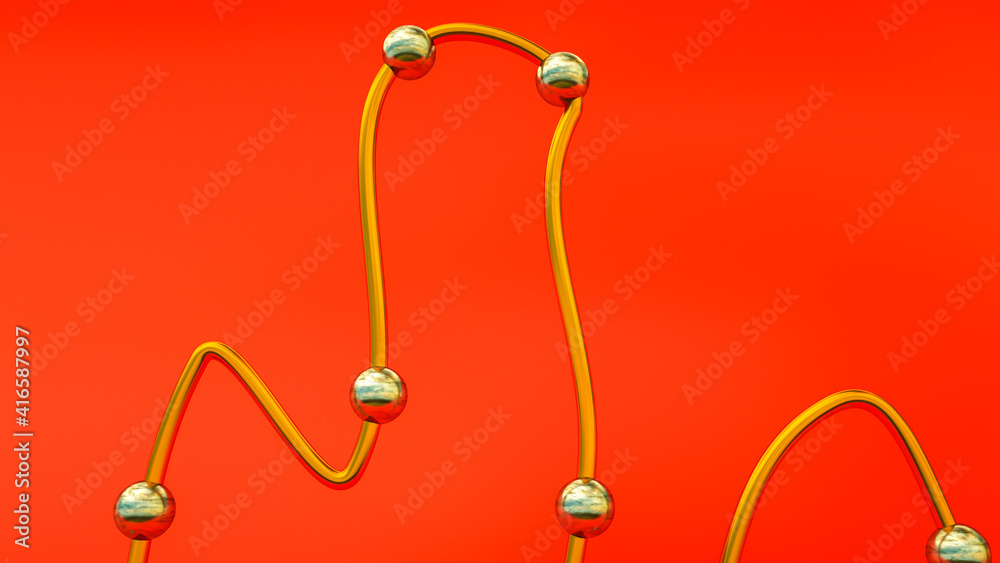 abstract curved golden tube with glossy steel balls on red background. 3d render illustration abstract curved golden tube with glossy steel balls on red background. 3d render illustration