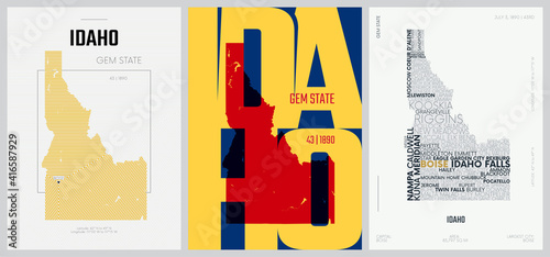 43 of 50 sets, US State Posters with name and Information in 3 Design Styles, Detailed vector art print Idaho map