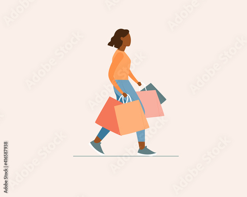 Young black skin woman with shopping bags. Modern colorful vector illustration in cartoon flat style