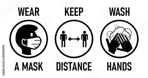 Wear a Mask, Keep Distance, Wash Hands Round Coronavirus Covid-19 Warning Icon Set. Vector Image.