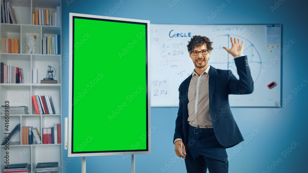 Portrait of Friendly Teacher Explains Lesson to a Classroom, Uses Green