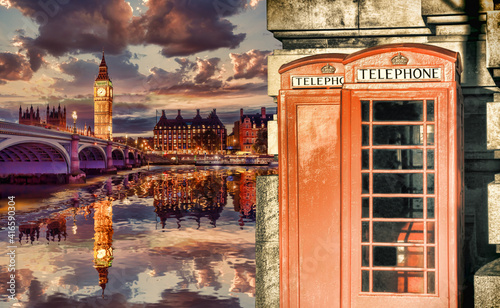 London symbols with BIG BEN and red Phone Booths in England  UK