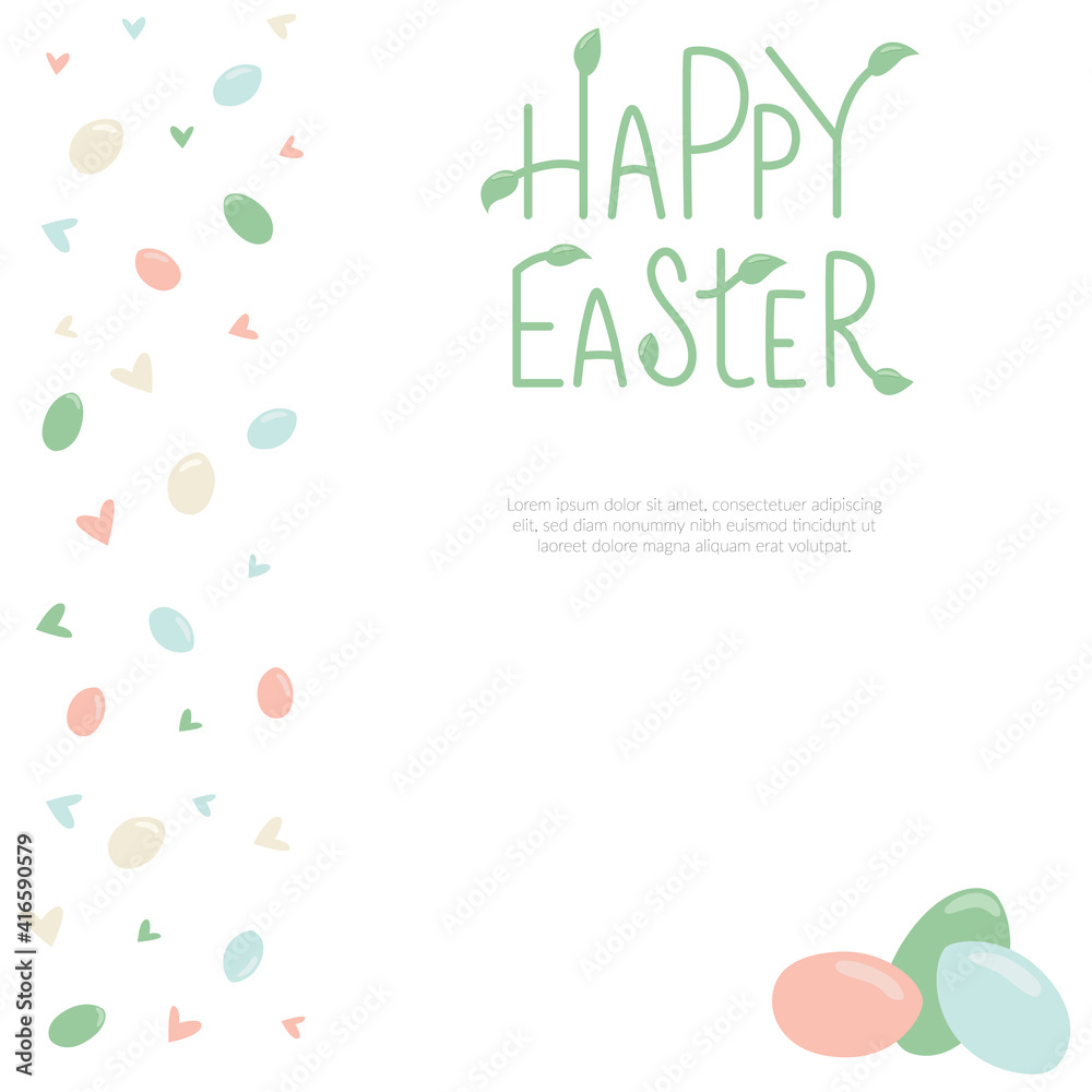 Happy Easter egg minimalistic style with lettering sign and frame. Vector stock illustration isolated on white background for Easter greeting card, template for invitation. EPS10