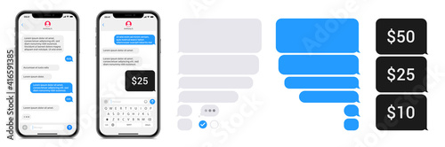 Smartphone chatting sms app template bubbles. SMS chat composer. Place your own text to the message. Editable phone chat mockup bubble. Vector illustration. photo