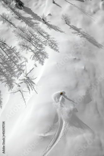 A woman is powder skiing in British Columbia, Canada.