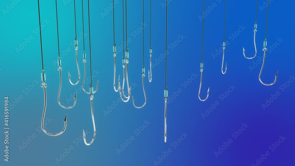 Multiple fishing hooks on blue background, intricate fraudulent scam, phishing. Phishing attack, user data, credentials theft Multiple fishing hooks on blue background, intricate fraudulent scam, phishing. Phishing attack, user data, credentials theft
