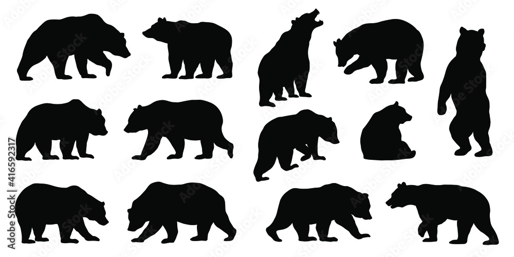 various bear silhouettes on the white background - obrazy, fototapety, plakaty 