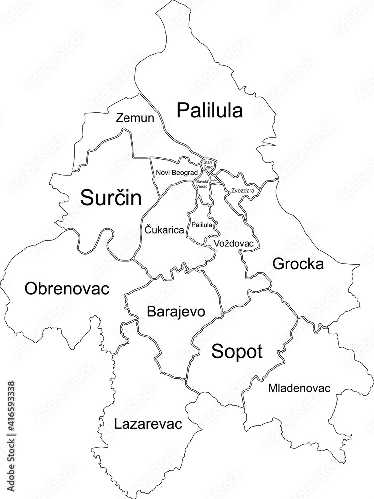 Simple white vector map with black borders and names of municipalities of Belgrade, Serbia
