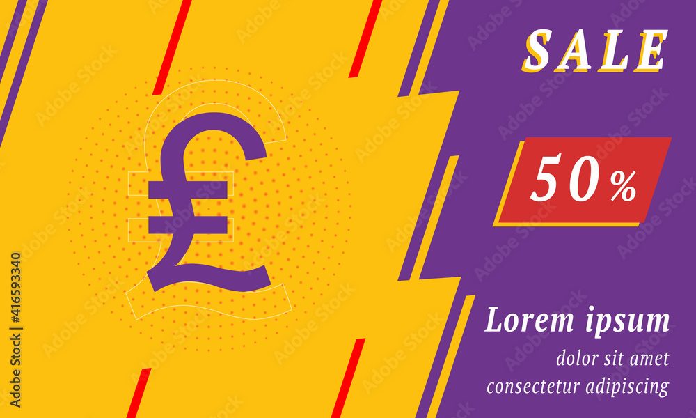 Sale promotion banner with place for your text. On the left is the lira symbol. Promotional text with discount percentage on the right side. Vector illustration on yellow background Sale promotion banner with place for your text. On the left is the lira symbol. Promotional text with discount percentage on the right side. Vector illustration on yellow background