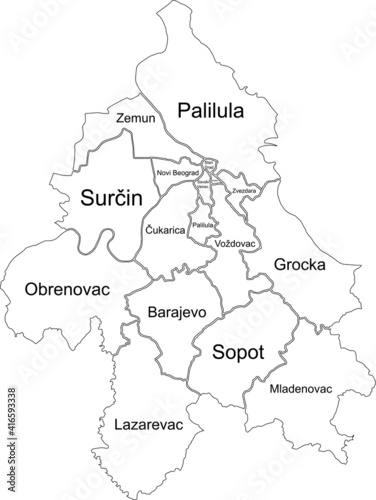 Simple white vector map with black borders and names of municipalities of Belgrade  Serbia