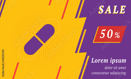 Sale promotion banner with place for your text. On the left is the medical capsule symbol. Promotional text with discount percentage on the right side. Vector illustration on yellow background
