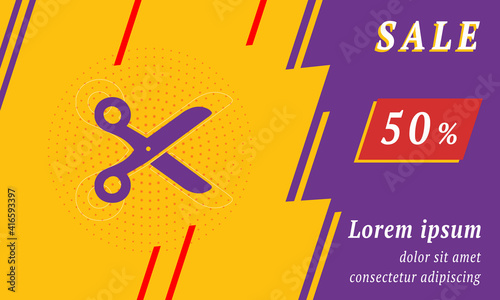 Sale promotion banner with place for your text. On the left is the scissors symbol. Promotional text with discount percentage on the right side. Vector illustration on yellow background