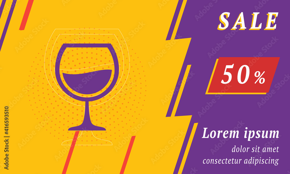 Sale promotion banner with place for your text. On the left is the wineglass symbol. Promotional text with discount percentage on the right side. Vector illustration on yellow background