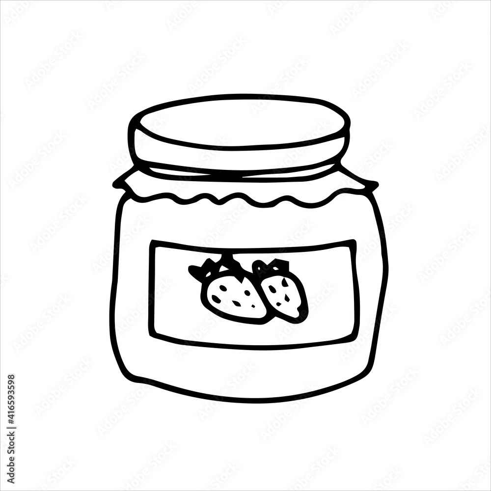 vector illustration in doodle style. jar of jam, jam. simple drawing of sweet strawberry jam dessert. black and white line drawing vector illustration in doodle style. jar of jam, jam. simple drawing of sweet strawberry jam dessert. black and white line drawing