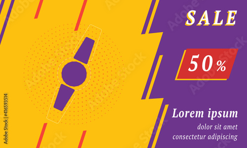 Sale promotion banner with place for your text. On the left is the wristwatch symbol. Promotional text with discount percentage on the right side. Vector illustration on yellow background