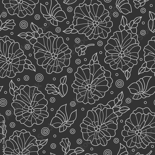 Seamless pattern with pansys and butterflies, contoured light patterns on a dark background