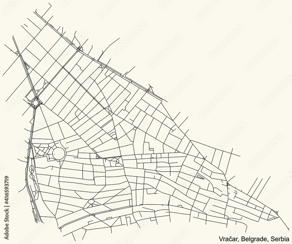 Black simple detailed street roads map on vintage beige background of the quarter Vračar municipality of Belgrade, Serbia