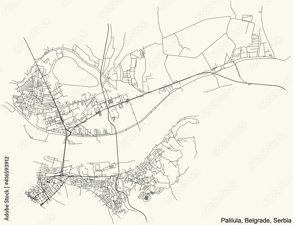 Naklejka premium Black simple detailed street roads map on vintage beige background of the quarter Palilula municipality of Belgrade, Serbia