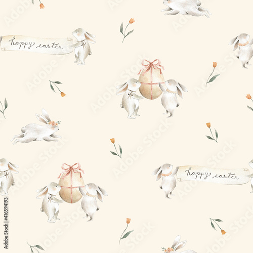 Easter Spring Bunny seamless pattern pastel colors peach and floral with Easter egg 