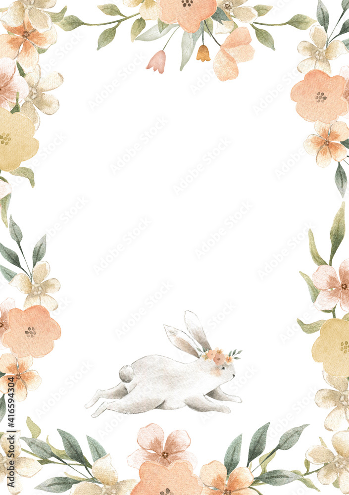 Obraz Ramka z Kwiatami i Królikiem z kwiatowym wieńcem na Wielkanoc i wiosnę